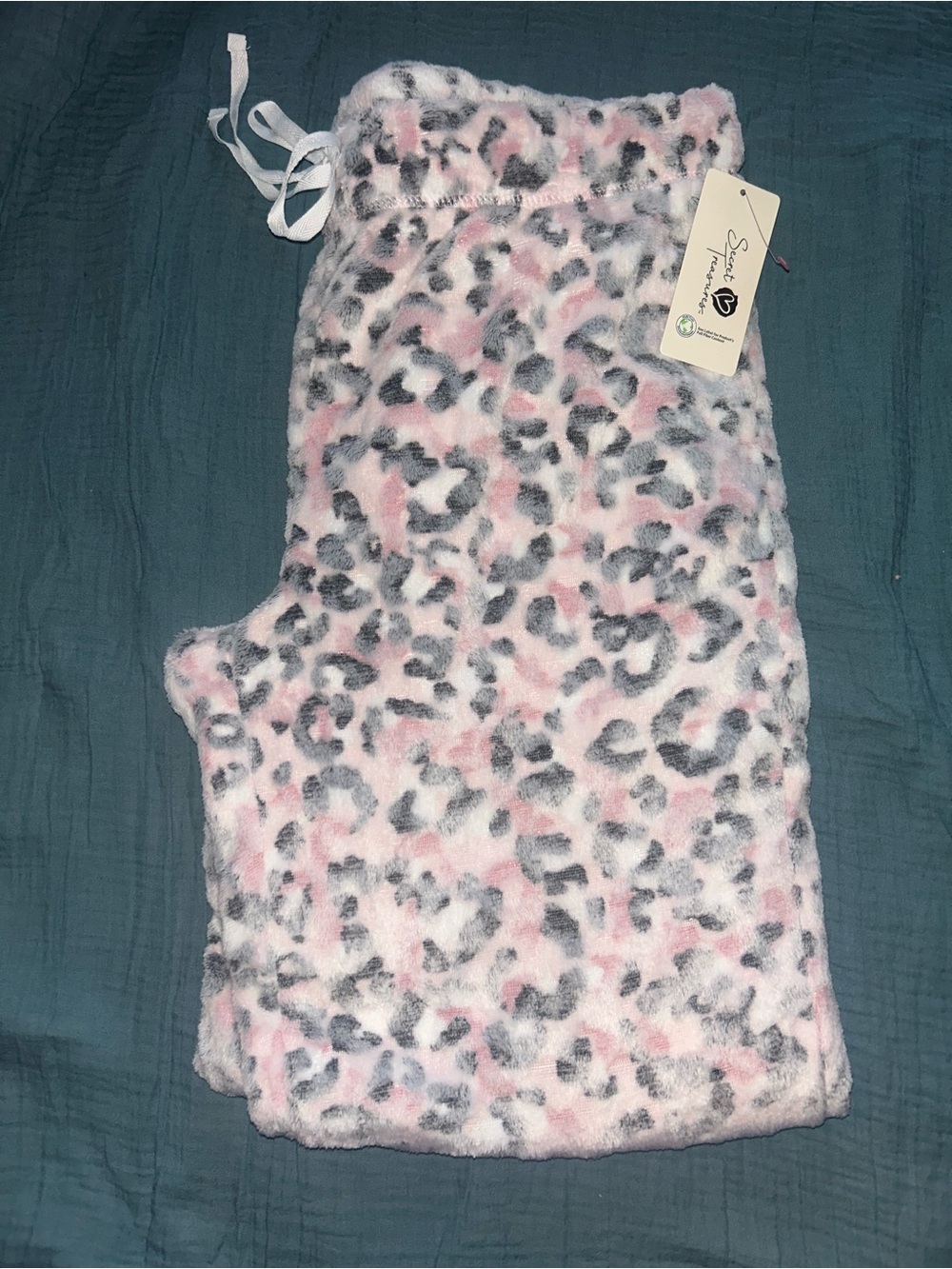 Pink fuzzy leopard print pajama pants